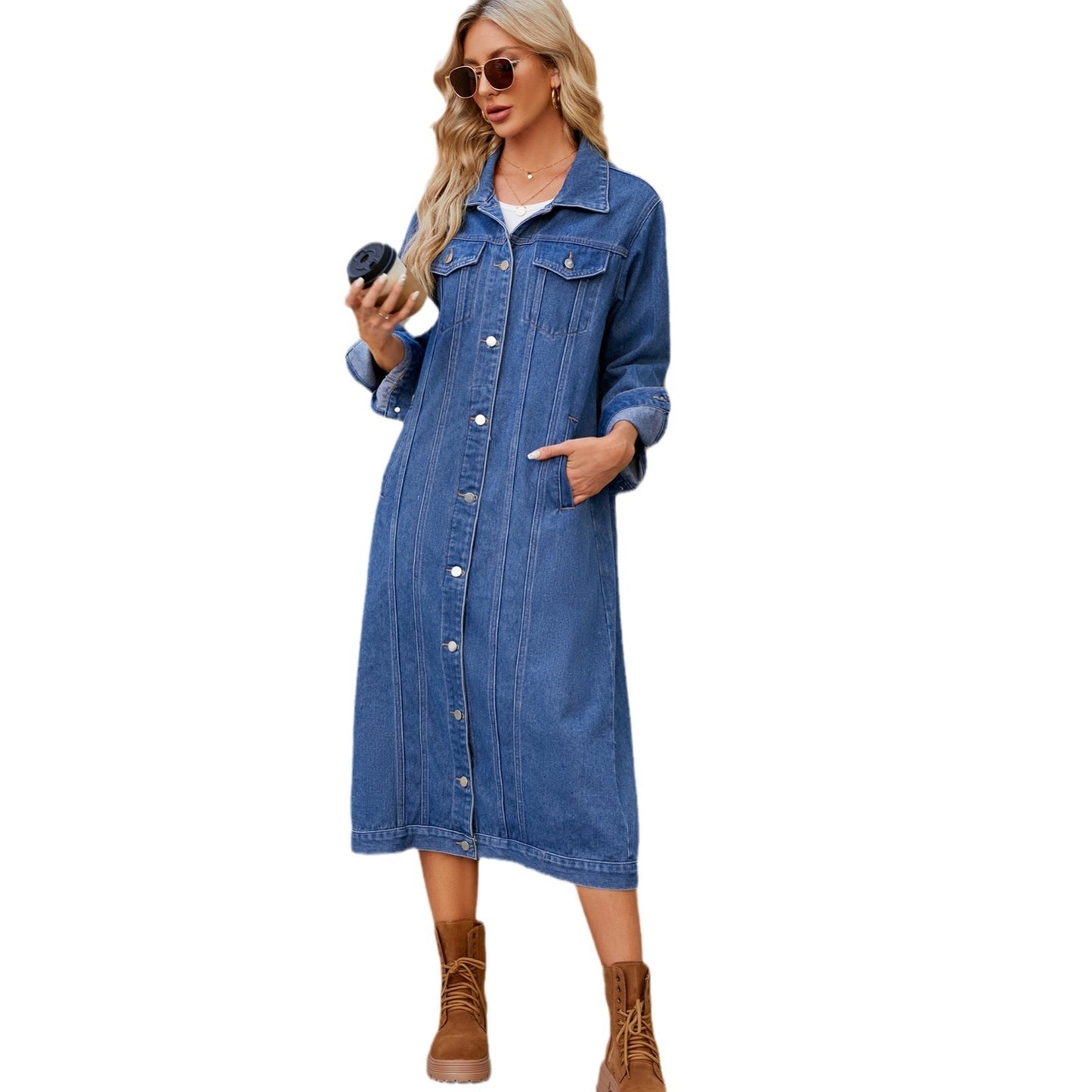 Woman  Digital Store  Washed Cardigan Long Denim Coat And Trench Coat Women