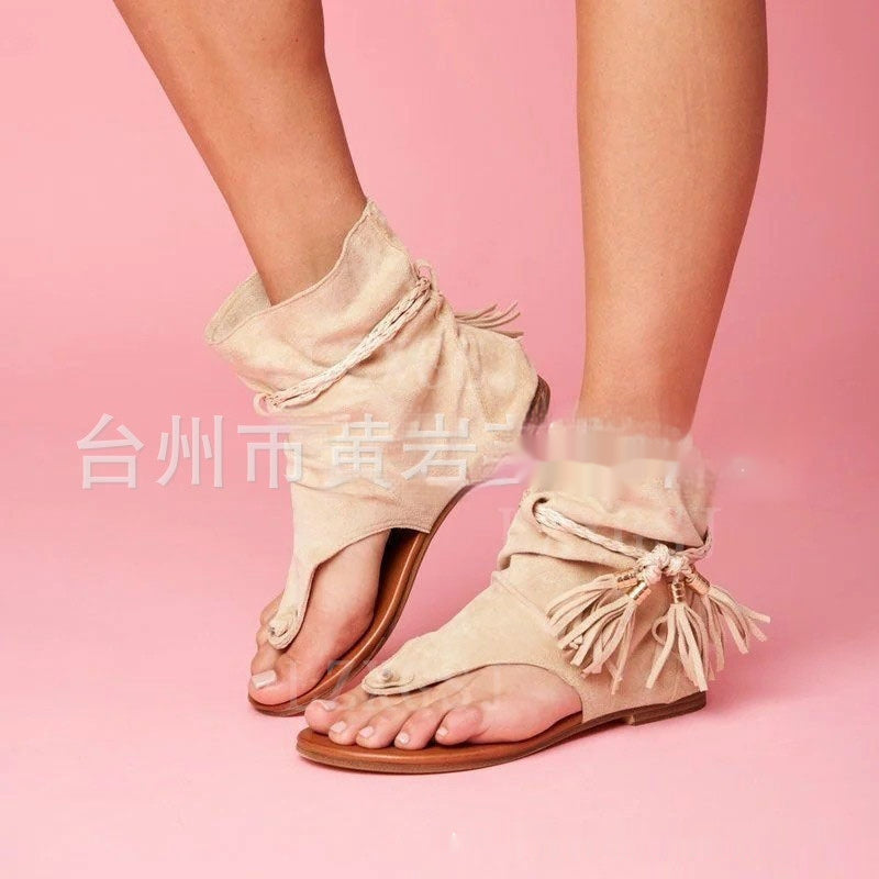 Meta Digital Store Plus Size Sandal Female Retro Flat Bottom Tassel Clip Toe