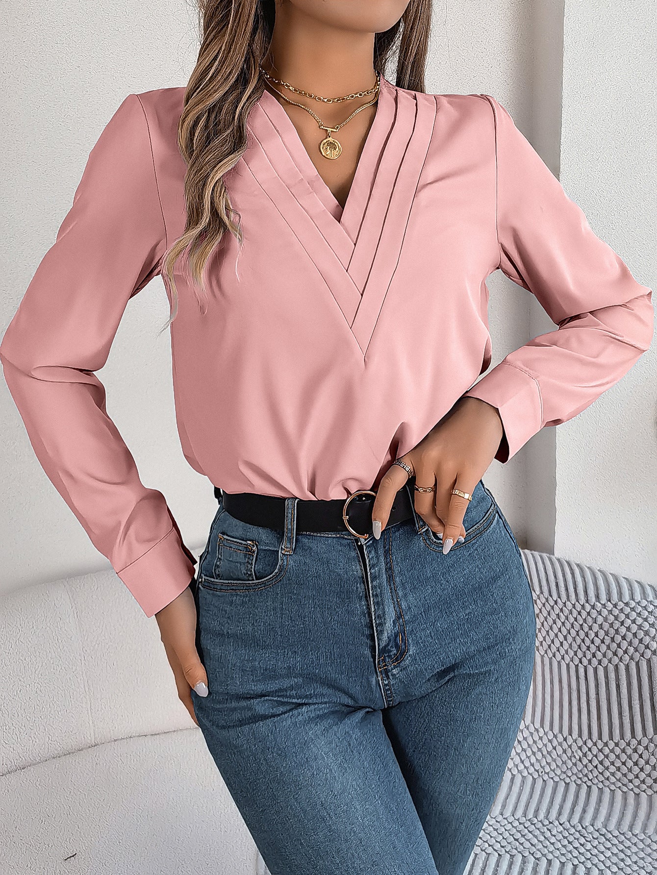 Meta  Digital Store  Fashion V-Neck Long Sleeve Shirt Elegant Commuter Solid Blouse Office Women's Clothing