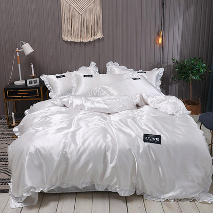 Suiwer Kleur Gewasde Sy Bedlaken Ys Sy Vierdelige Bedlaken Duvet Cover