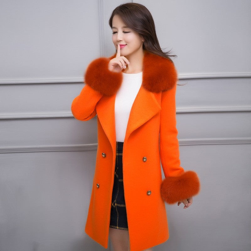 Woman  Digi Store  Big Fur Collar Warm Mid-length With Belt Coat