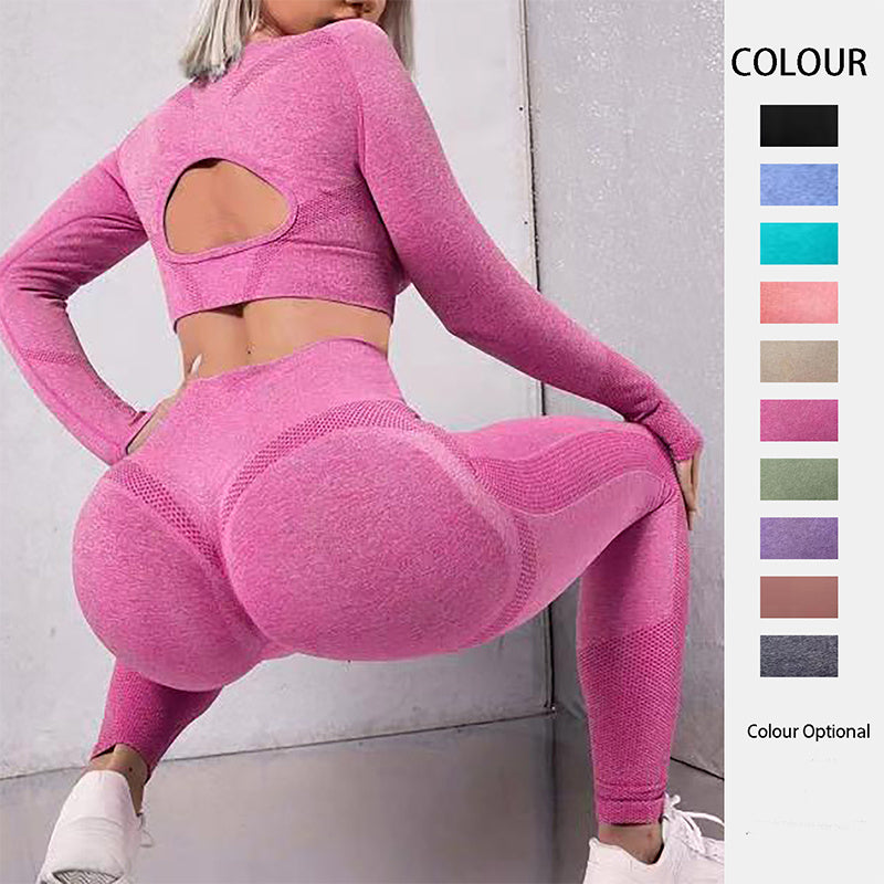 Meta Vrou Mode 2 stuks Sportpakke Langmou Hol Ontwerp Tops En Boude Opheffing Hoë middellyf Naatlose Fiksheid Leggings Sport Gimnasium Sportdrag Uitrustings Klere