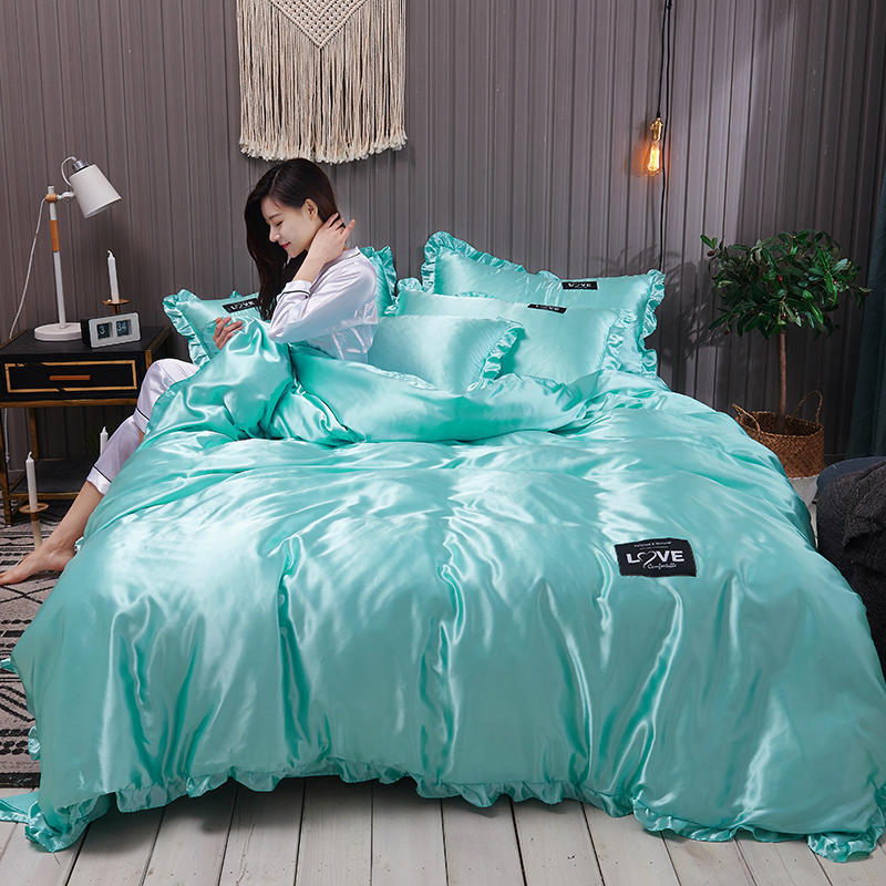 Suiwer Kleur Gewasde Sy Bedlaken Ys Sy Vierdelige Bedlaken Duvet Cover