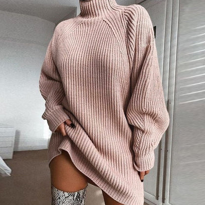 Meta  Woman Fashion  Solid Turtleneck  Long Sweater Winter Warm Women Sweater Dress