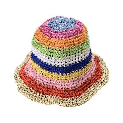 Digi  Store Rainbow  Straw Bucket Hat Women's Summer Breathable Sun-proof Sun Protection