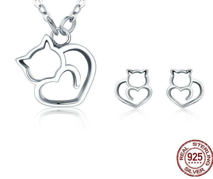 Meta Digital Store  Fashion Neckleses Platinum Plated 925 Sterling Silver Cat Heart Necklace