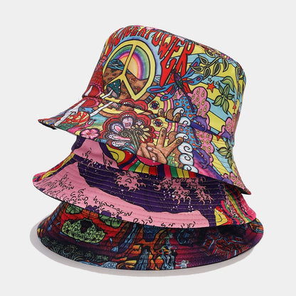 Digital  Store Graffiti  Double-sided Bucket Hat Female Party Hip Hop Bucket Hat