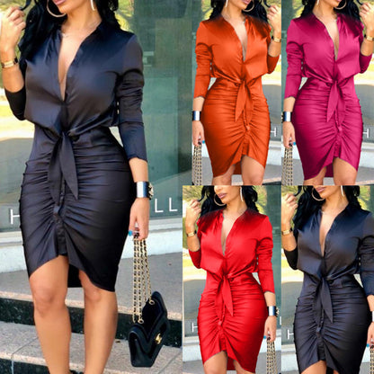 Meta  Women Lace-up  Solid Color Long Sleeve Midi Dress Shirt Dress Elegant Fashion Party Dress