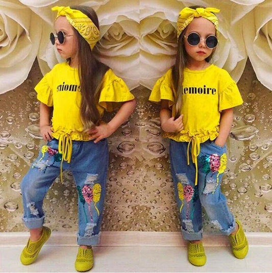 Meta Digital Store Girls Clothes Girls Clothing Cotton Yellow Letter T-Shirt Jeans Suit