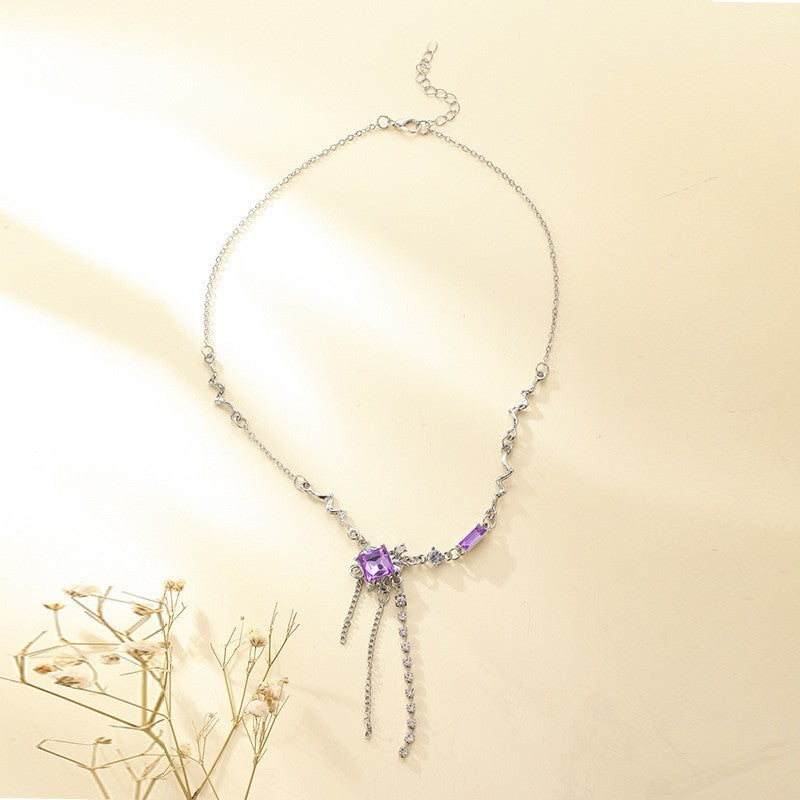 Meta Digital Store Jewelry Super Fairy Temperament Purple Square Crystal Necklace For Women, Sweet And Cool Long Style, Tassel Niche, High-end Design, Collarbone Chain