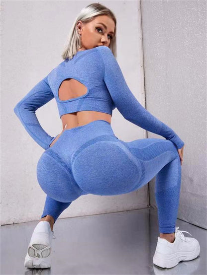 Meta  Woman Fashion  2pcs Sports Suits Long Sleeve Hollow Design Tops And Butt Lifting High Waist Seamless Fitness Leggings Sports Gym Sportswear Outfits Clothing