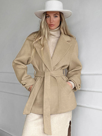 Digital  Woman Fashion  Retro Khaki Suit Collar Trench Coat Coat