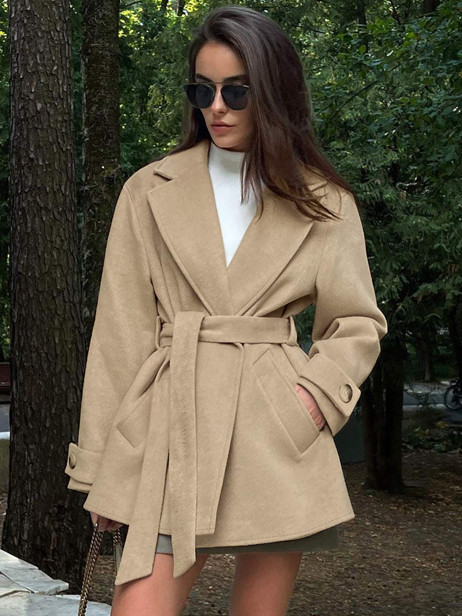 Digital  Woman Fashion  Retro Khaki Suit Collar Trench Coat Coat