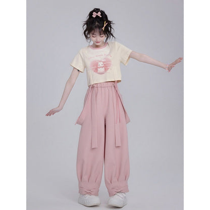 Pure Cotton Sweet Drawstring Women's Small Blush Rabbit Suspender Pants