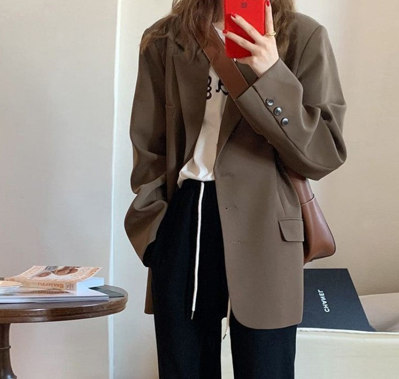 Digital  Fashion Women's  Brown Suit Jacket Spring And Autumn Korean Style Sense Of Design Student Online Red Suit Jacket