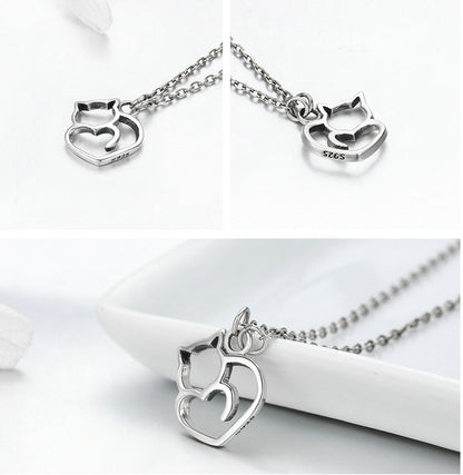 Meta Digital Store Fashion Neckles Platinum Platinum 925 Sterling Silver Cat Heart Necklace