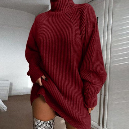 Meta  Woman Fashion  Solid Turtleneck  Long Sweater Winter Warm Women Sweater Dress