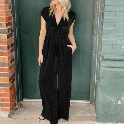 Meta  Digital Store  V-neck Short-sleeved High Waist Long Jumpsuit