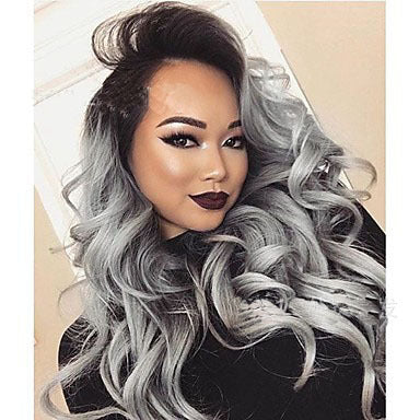 Meta Digital Store  2 Tones synthetic lace wig grey black Ombre wavy wigs long curly hair