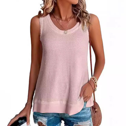 Women Sleeveless Waffle Patchwork Knitting Solid Color Loose Vest