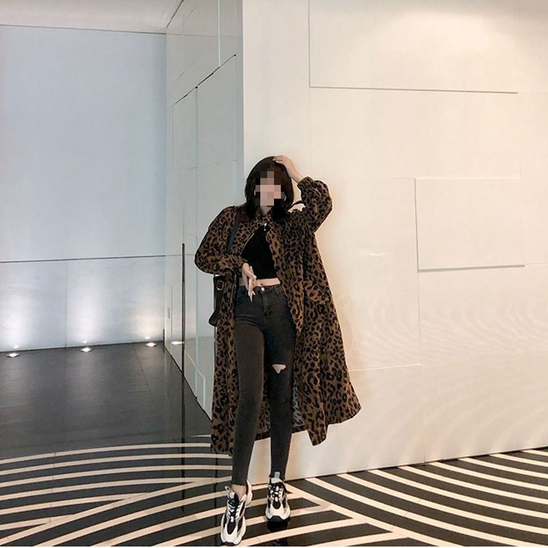 Woman  Digi Store  Leopard Print Trench Coat Women's Mid-length