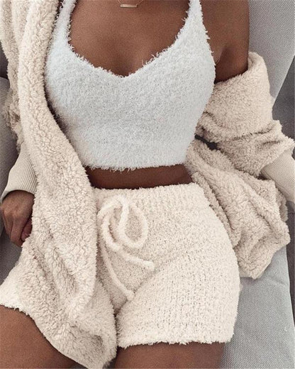 Meta  Woman Fashion  3pcs Womens Clothing Long Sleeve Crop Tank Top And Drawstring Shorts Pajama Set