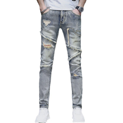 Meta Digital Store Jeans Distressed Raw Hem Ripped Stitching Stretch Denim Trousers