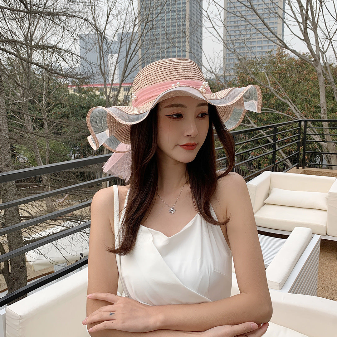 Digital  Woman Big  Brim Bow  Ribbon Beach Hat Summer Outdoor Sun Hat Wave Straw Hat Lace Edge Pearl Sun Hat