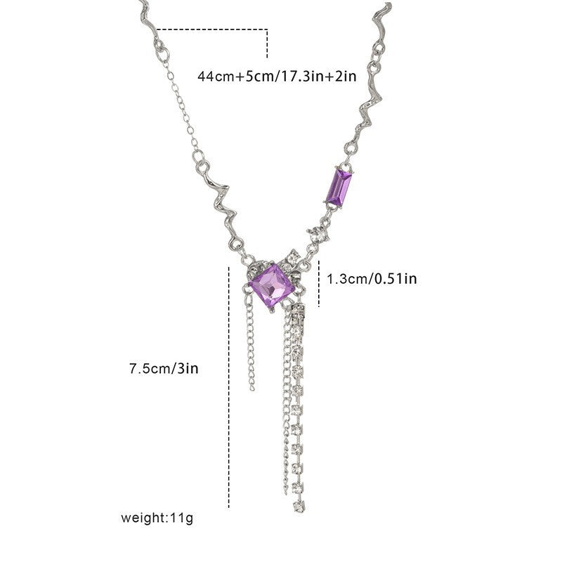 Meta Digital Store Jewelry Super Fairy Temperament Purple Square Crystal Necklace For Women, Sweet And Cool Long Style, Tassel Niche, High-end Design, Collarbone Chain