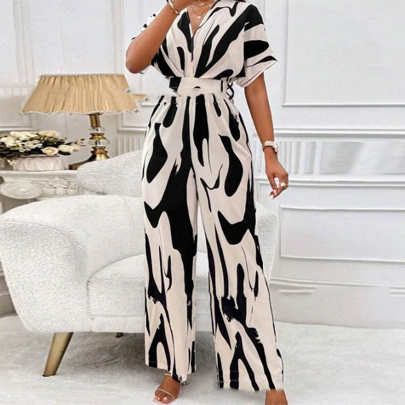 Meta  Digital Store  V-neck Loose Printed Long Jumpsuit