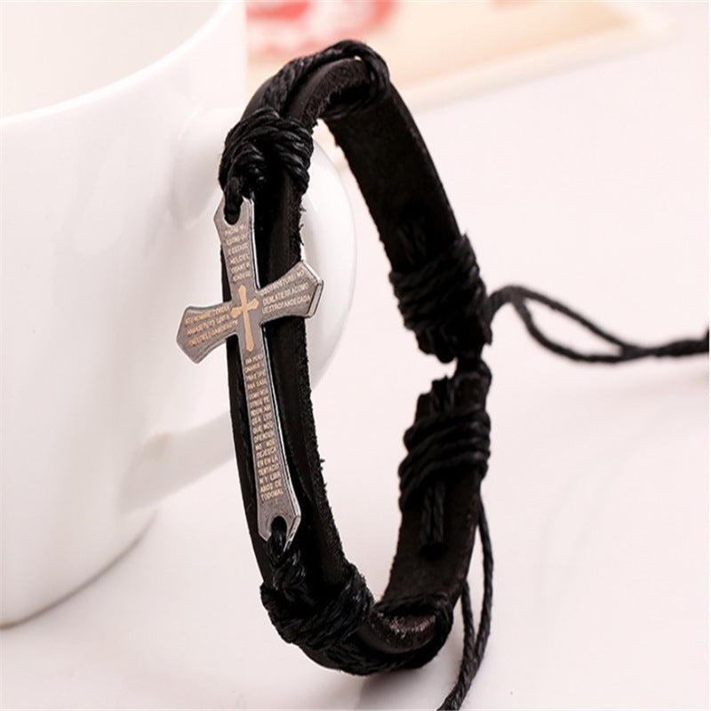 Vintage Men's Cross Bible Scripture Leather Bracelet