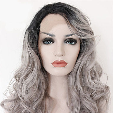 Meta Digital Store  2 Tones synthetic lace wig grey black Ombre wavy wigs long curly hair