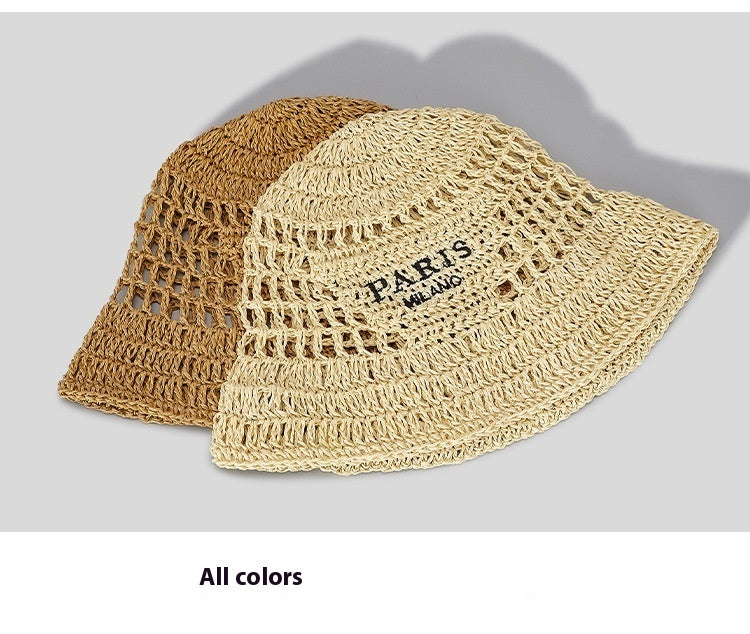 Digital  Store Hollow  Grass Hand-made Embroidered Handwriting Beach Sun Pastoral Style Bucket Hat