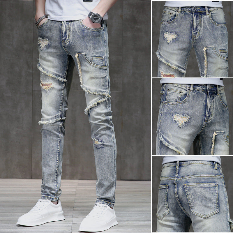 Meta Digital Store Jeans Distressed Raw Hem Ripped Stitching Stretch Denim Trousers