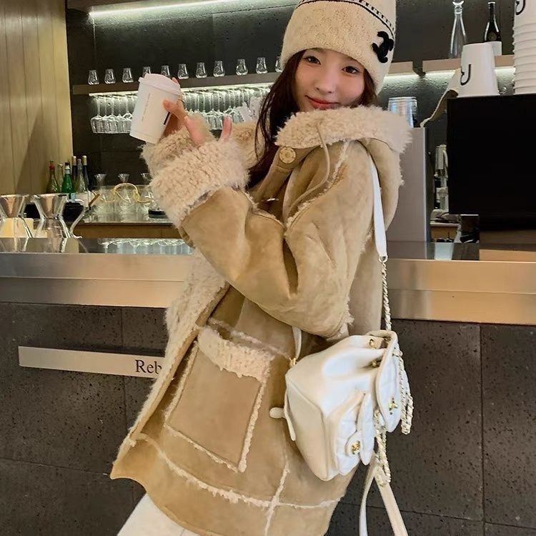 Woman  Digi Store  Hooded Suede Fur Lamb Warm Leisure Slimming Coat