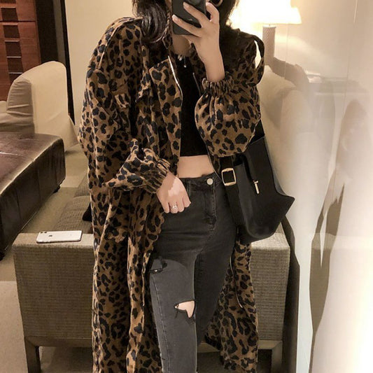 Woman  Digi Store  Leopard Print Trench Coat Women's Mid-length