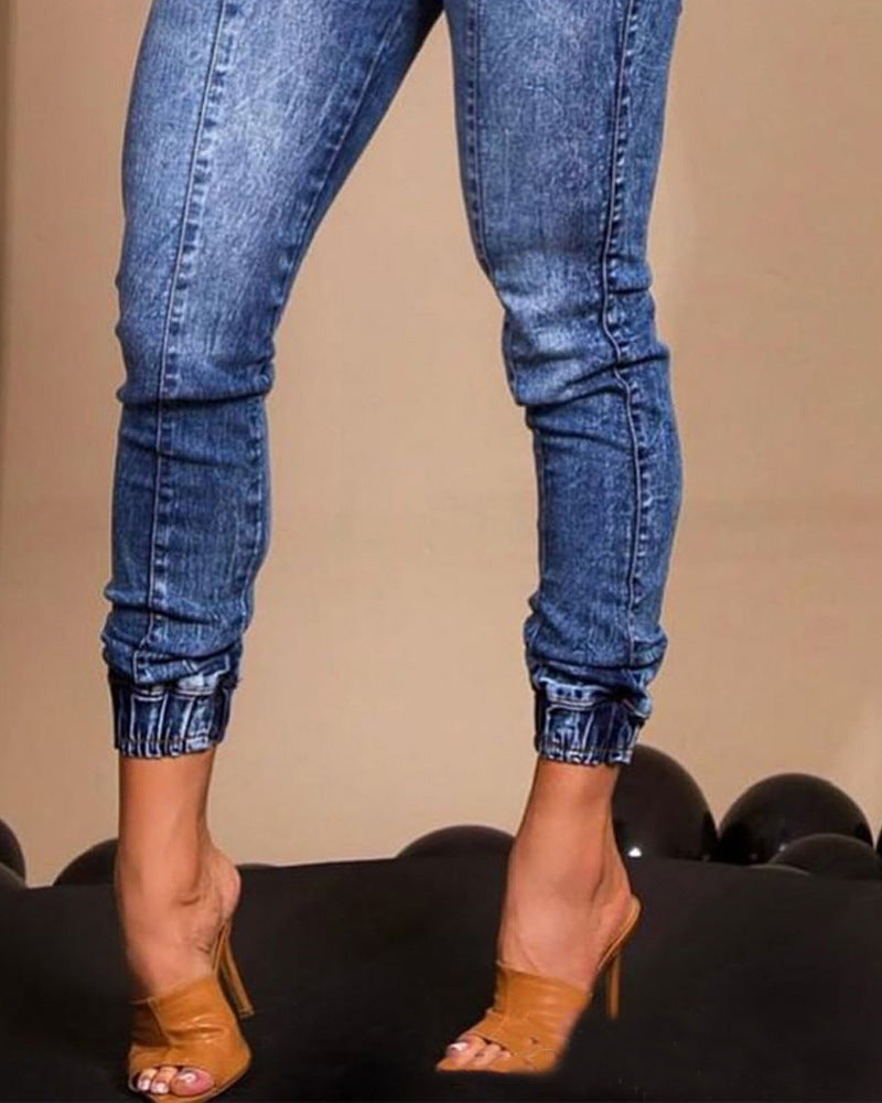 Meta Digital Store Women Jeans Fashion Women's Elastic Waist Lace Up Slim Fit Jeans