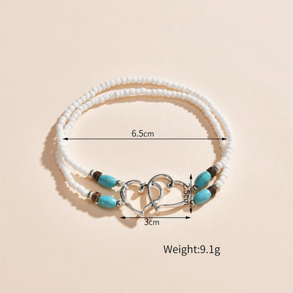 Meta Digital Store Jewelry Alloy Double Heart Rice Bead Turquoise Double-layer Elastic Ankle Chain