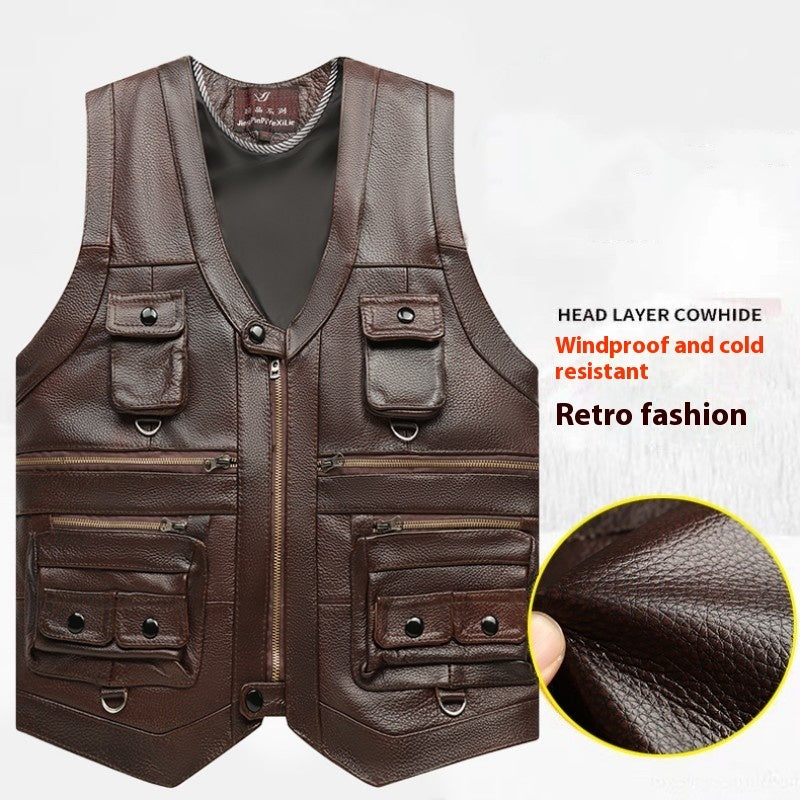 Meta Digital Store Genuine Leather Vest Man First Layer Cowhide Motorcycle Clothing