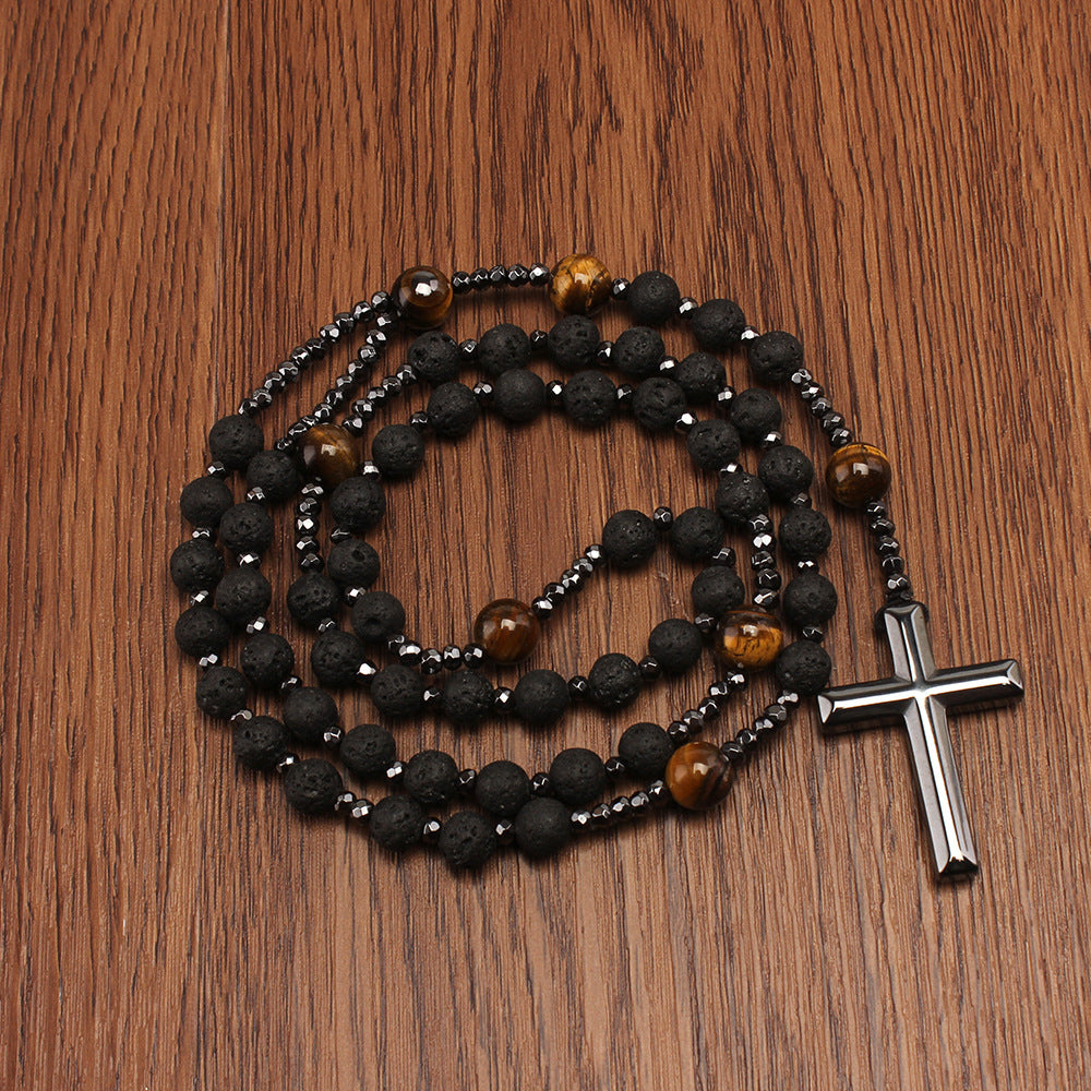 Meta Digital Store Bible Natural Stone Black Volcanic Rock Yellow Tiger Eyes Haematite Cross Religion Men's Necklace Beads