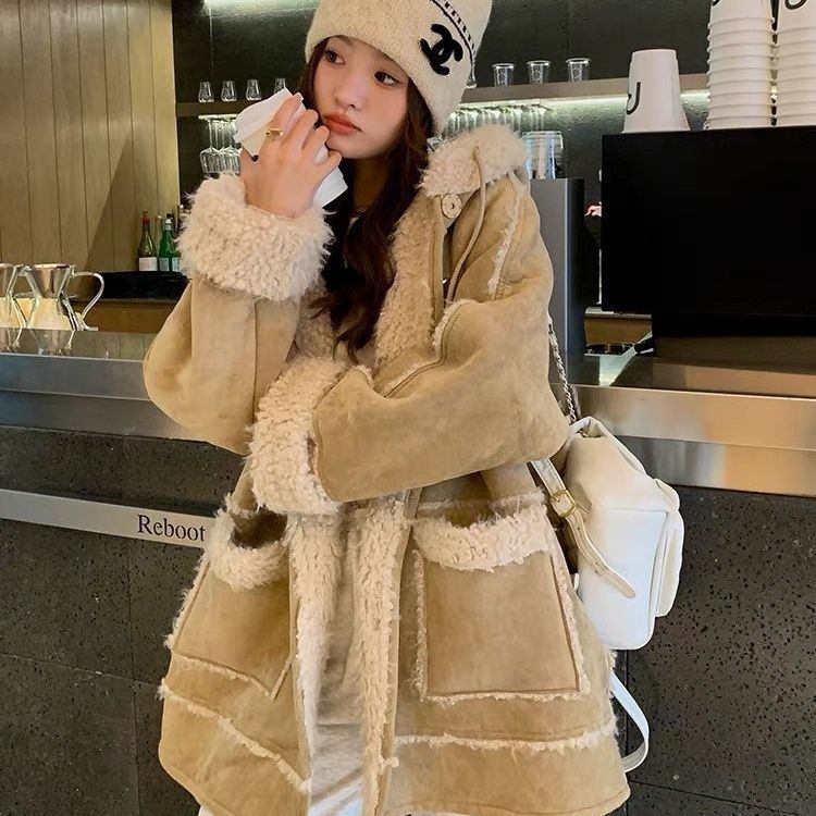 Woman  Digi Store  Hooded Suede Fur Lamb Warm Leisure Slimming Coat