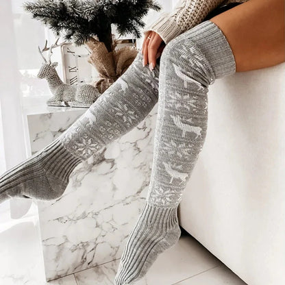 Meta  Store Winter  Christmas Warm Knitted Women Stocking Beautiful Elk Snowflake Jacquard Over-the-knee Casual Long Socks For Ladies Gifts Free Size