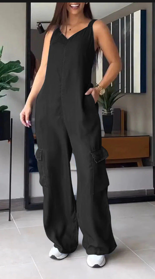 Meta Digital Store Women Jeans Fashion  European And American Thin Jeans Wear Pocket V-neck Jumpsuit