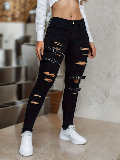 Meta Digital Store Women Jeans Fashion  Black Tight Stretch Skinny Trousers Women's Ripped Denim Trousers