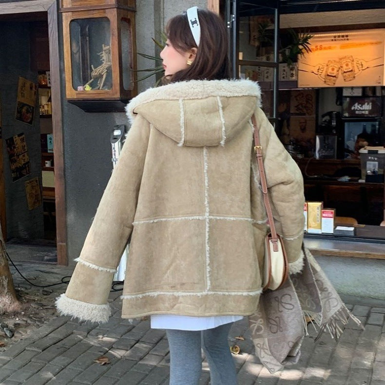 Woman  Digi Store  Hooded Suede Fur Lamb Warm Leisure Slimming Coat