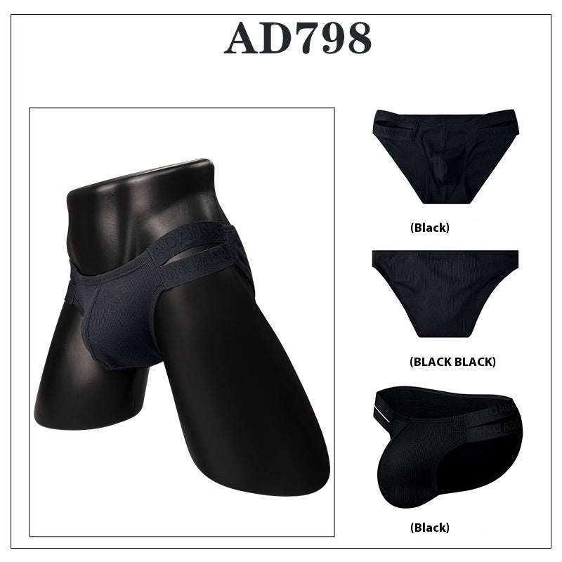 Sexy Side Double Belt Briefs Men's National Style Embossed Pattern High Slit Sports Low Waist