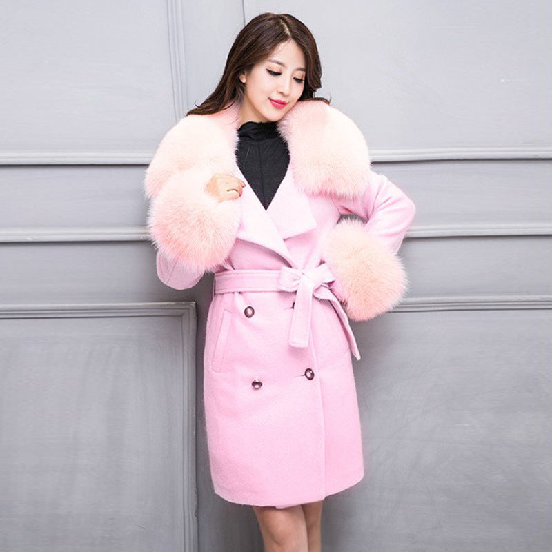 Woman  Digi Store  Big Fur Collar Warm Mid-length With Belt Coat