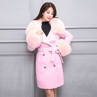 Woman  Digi Store  Big Fur Collar Warm Mid-length With Belt Coat