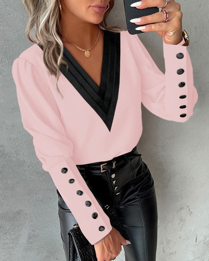 Meta  Digi Store  Fashion V-neck Long Sleeve Blouse With Button Design Commuter Leisure Solid Shirt Top Womens Clothing