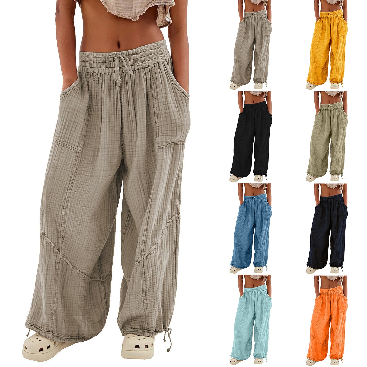 Meta  Women's Fashion  Solid Color Lace-up Pocket Wide Leg Pants